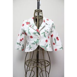 Smythe Les Vestes Cream Cherry Fruit Rockabilly Linen Crop Blazer Jacket Size 4